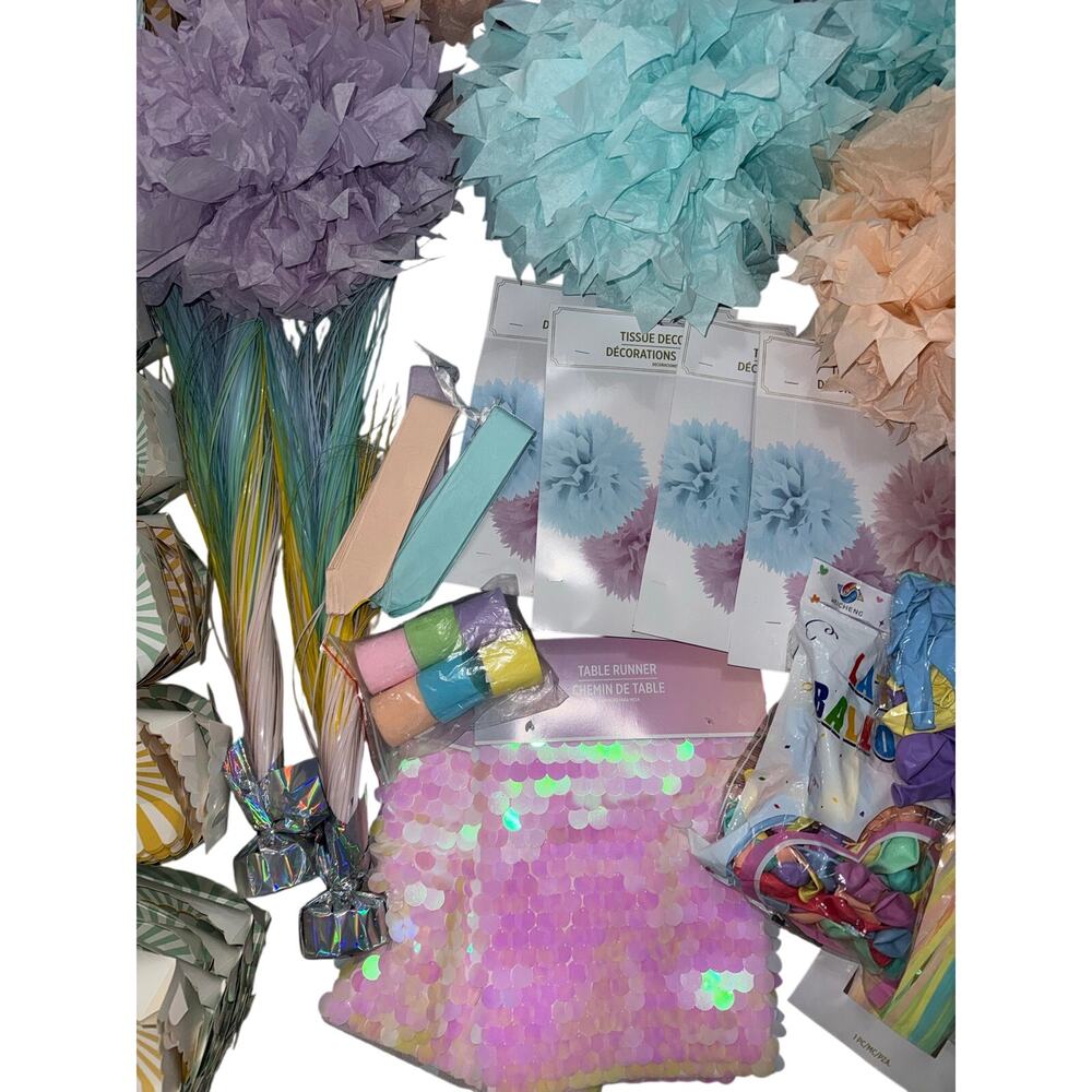 Lot of pastel party supplies balloons, centerpiece, tissue puffs, door hangings - Picture 3 of 5